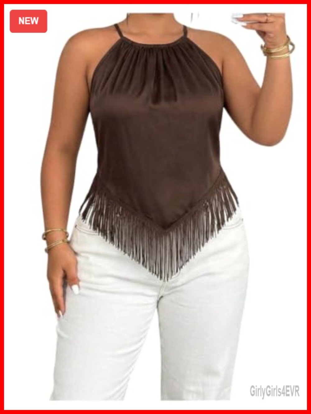 Plus Size Fringe Halter Tank Top Sleeveless Asymmetrical Date Night